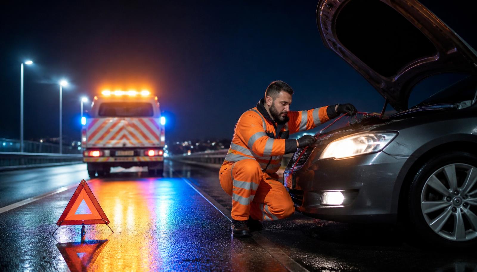 Socorro emergencial atendendo veículo na estrada à noite